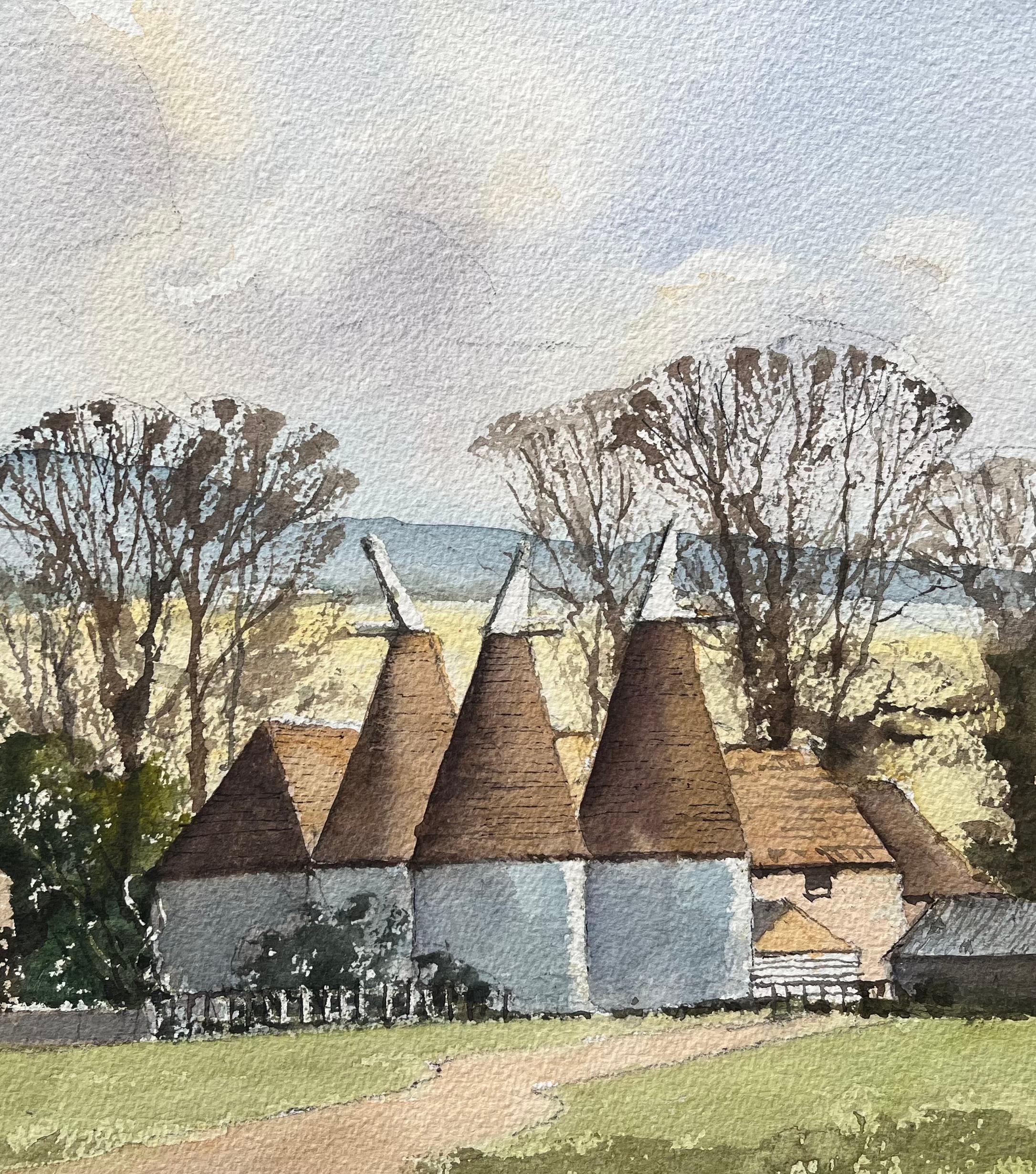 Britisches impressionistisches Aquarell eines ländlichen Bauernhofs mit östlichen Häusern (Grau), Landscape Painting, von Anthony Avery