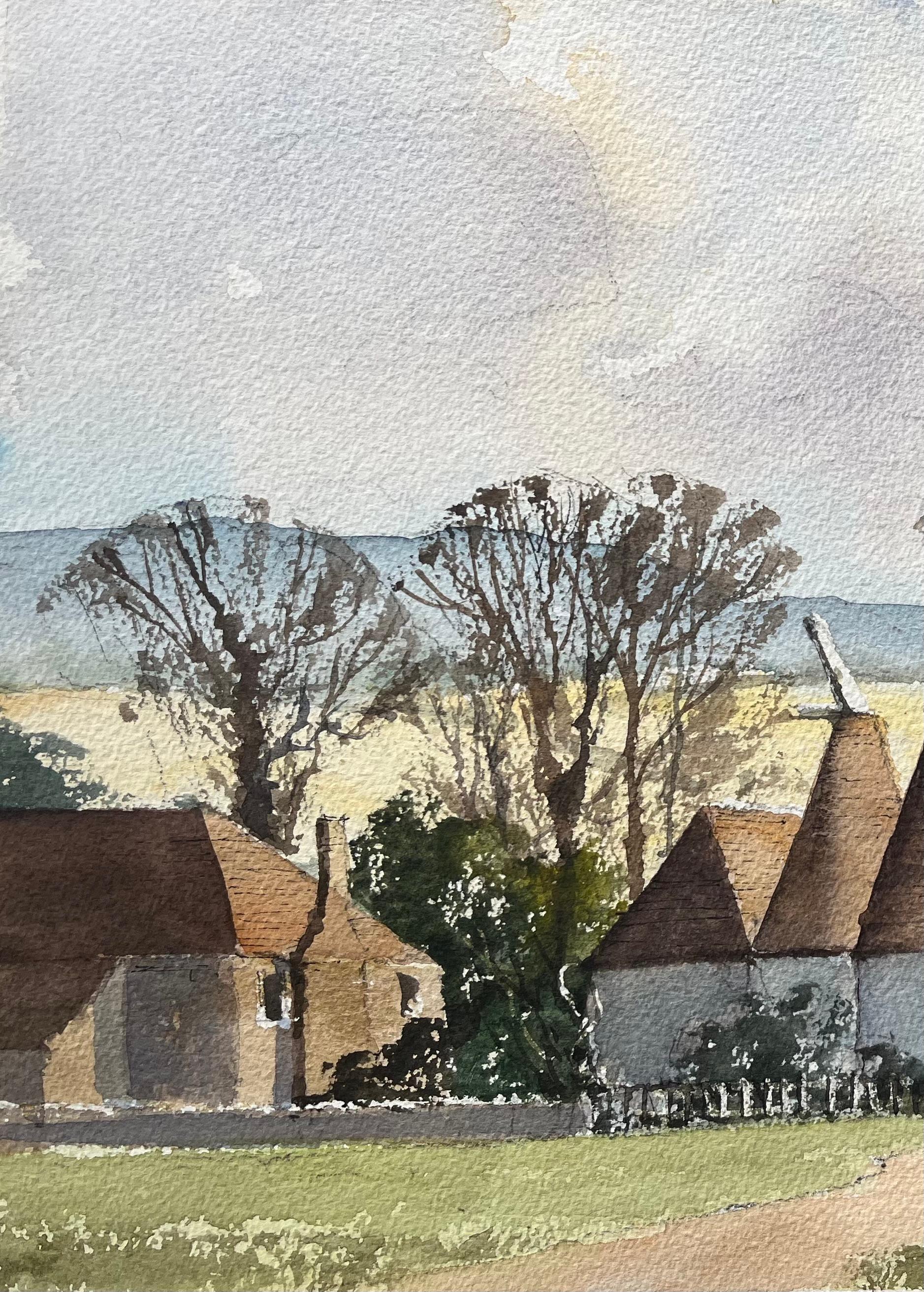 Titel: Britisches impressionistisches Aquarell eines ländlichen Bauernhofs mit Ökonomiegebäuden
von Anthony Avery (Brite 1946-2023)
Original-Aquarell auf Künstlerpapier, ungerahmt
Abmessungen: 11,25 x 15 Zoll (Höhe x Breite)
Zustand: Gut