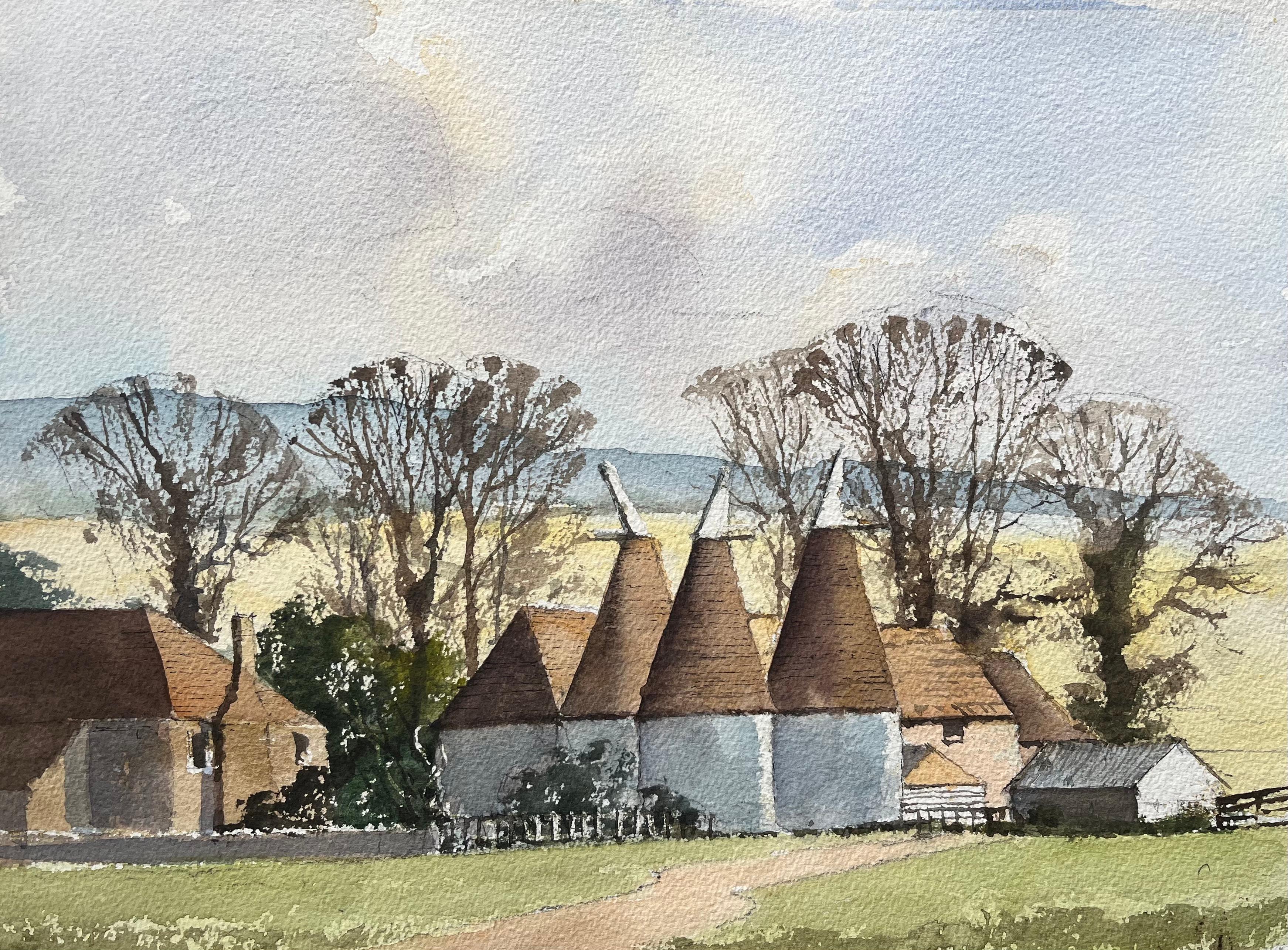 Britisches impressionistisches Aquarell eines ländlichen Bauernhofs mit östlichen Häusern