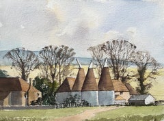 British Impressionist Watercolor of Rural Farm with Oast Houses