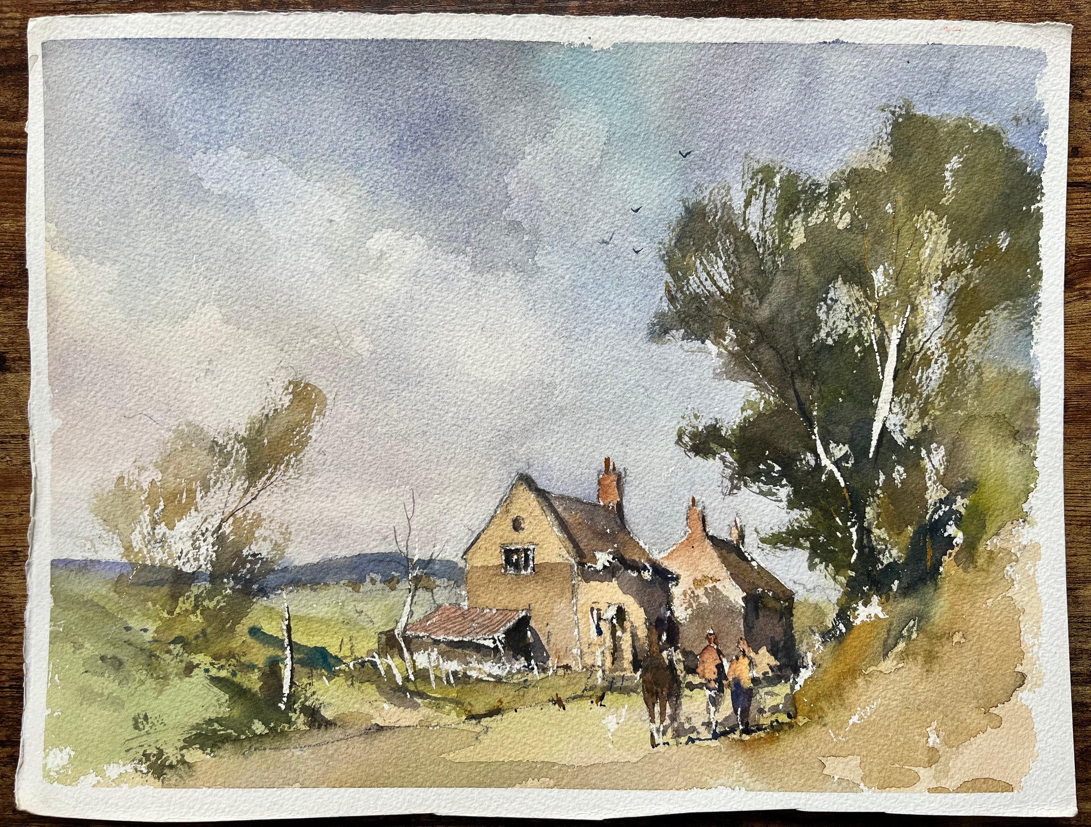 Acquerello impressionista britannico di fattoria rurale e cavalieri - Painting di Anthony Avery