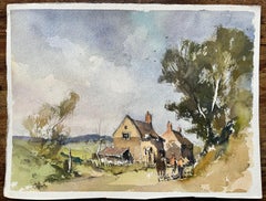 Acuarela impresionista británica de granja rural y jinetes a caballo