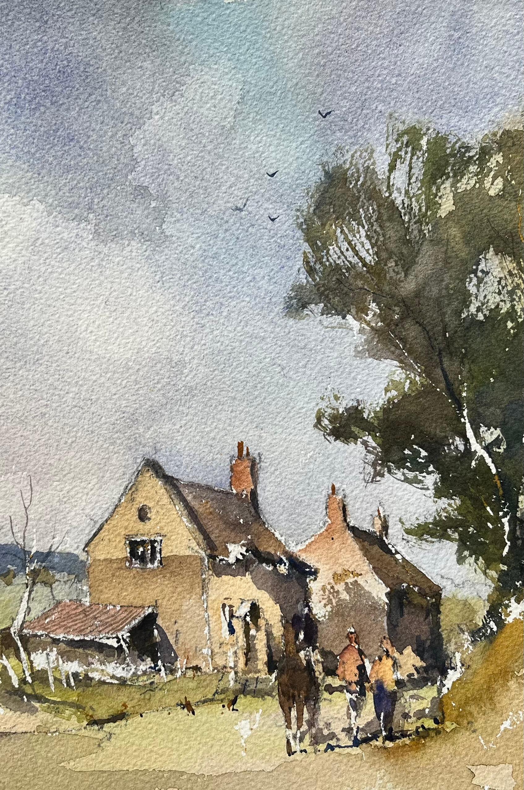 Acquerello impressionista britannico di fattoria rurale e cavalieri - Landscape Painting Marrone di Anthony Avery