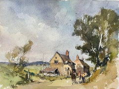 British Impressionist Watercolor of Rural Farmstead and Horse Riders