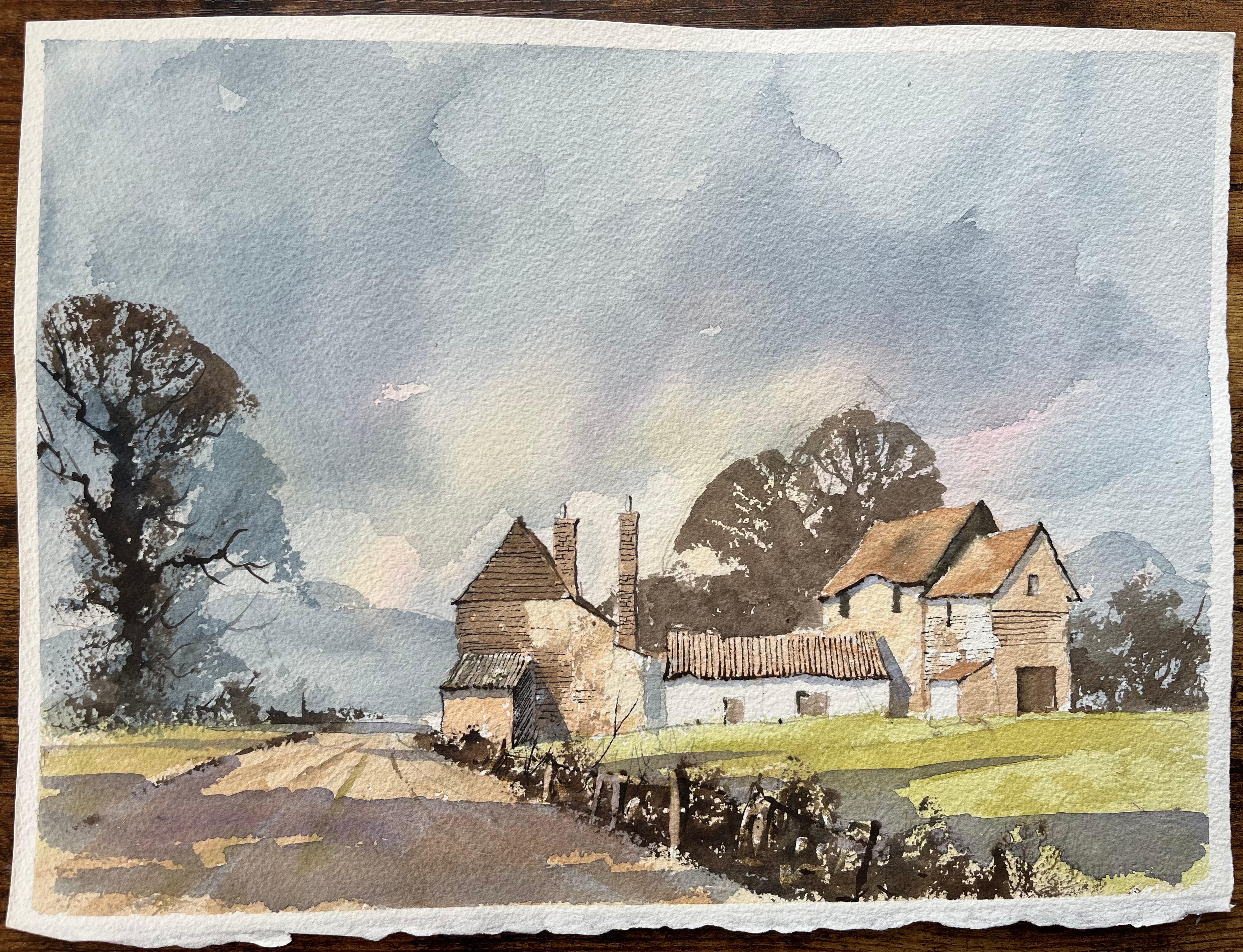 Britischer Impressionist Aquarell von ländlichen Gehöft in weichen Morgenlicht – Painting von Anthony Avery