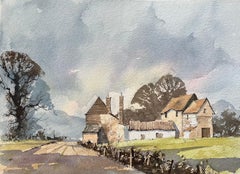 Britischer Impressionist Aquarell von ländlichen Gehöft in weichen Morgenlicht