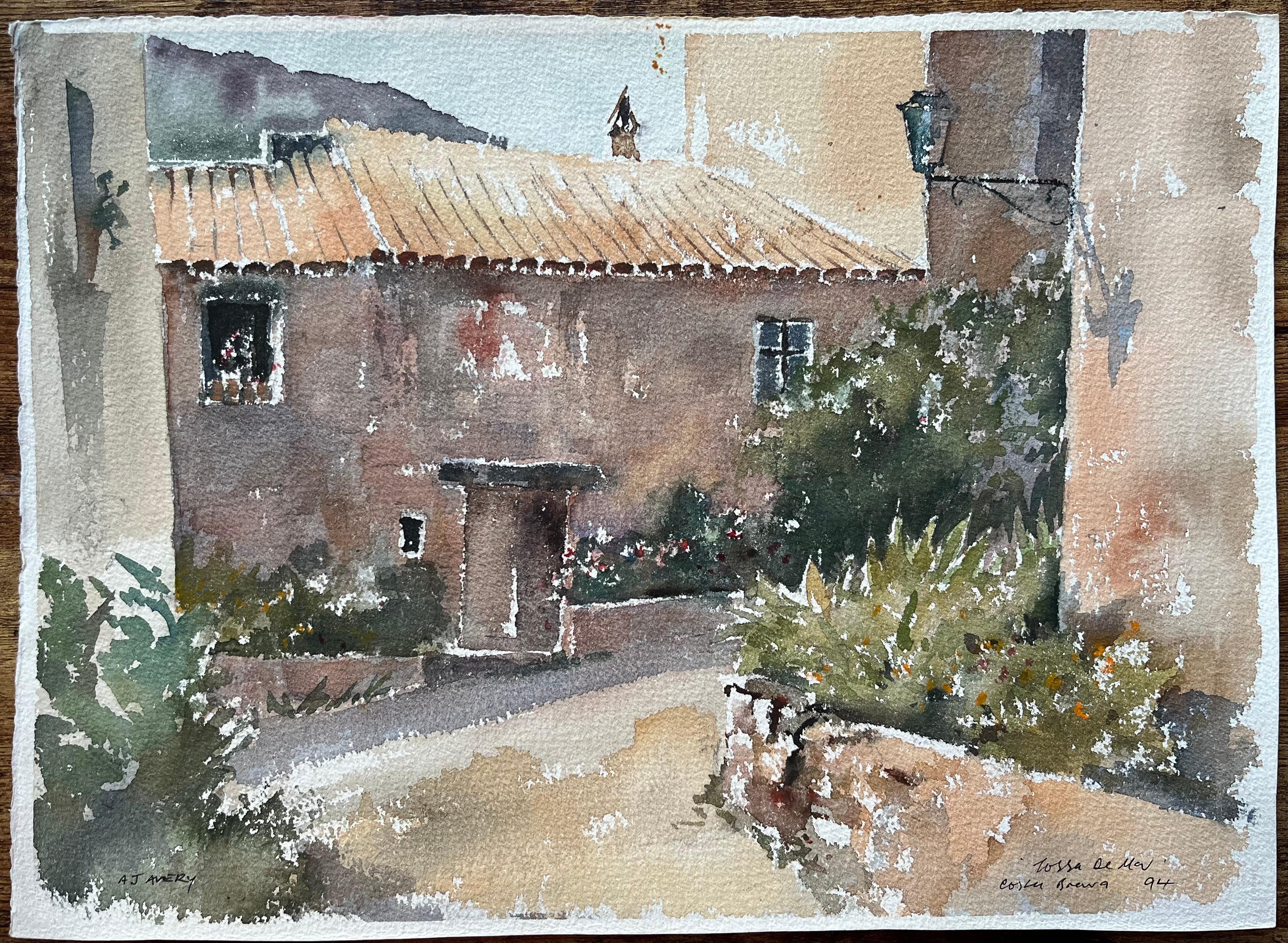 Britischer Impressionist Aquarell von rustikalen Innenhof in Tossa de Mar – Painting von Anthony Avery