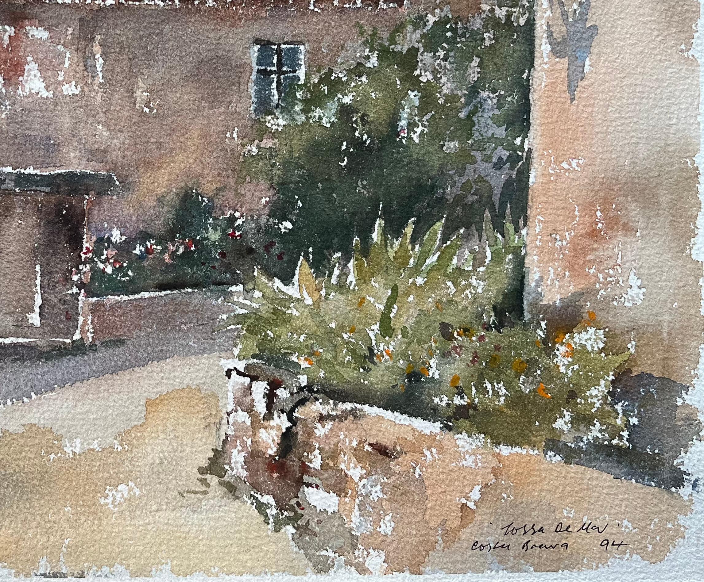 Britischer Impressionist Aquarell von rustikalen Innenhof in Tossa de Mar (Impressionismus), Painting, von Anthony Avery