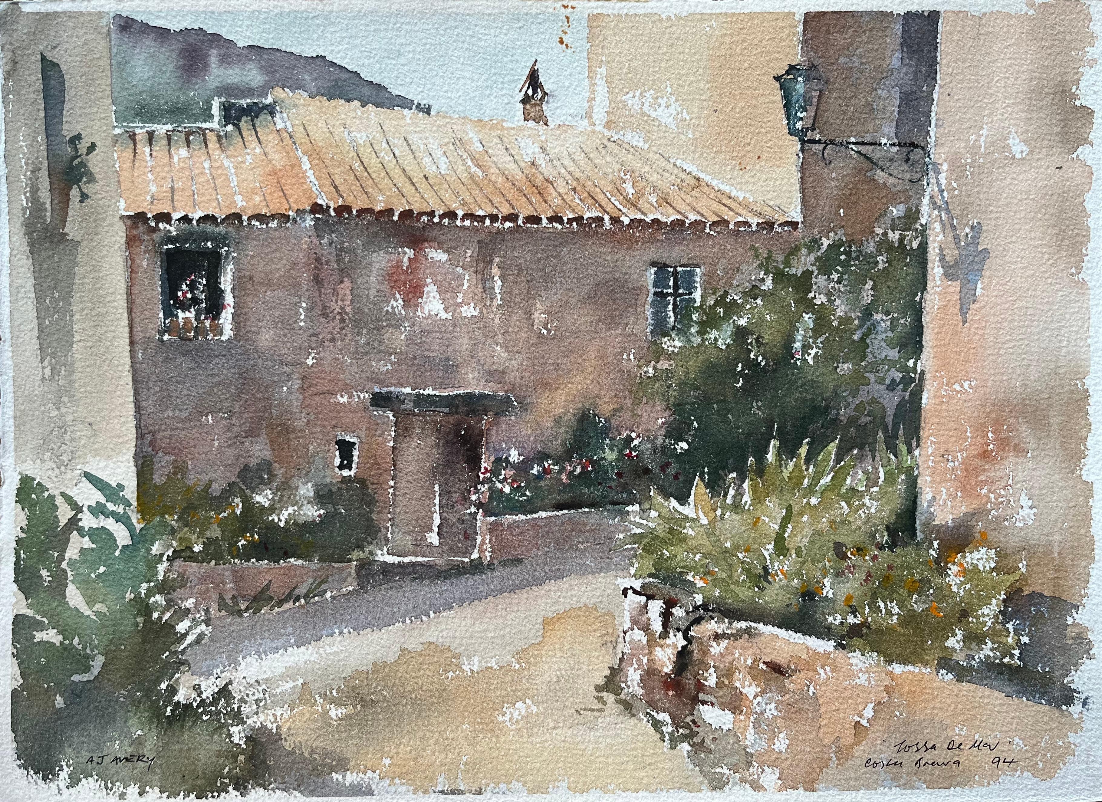Britischer Impressionist Aquarell von rustikalen Innenhof in Tossa de Mar