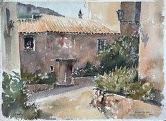 Aquarelle impressionniste britannique d'une cour rustique à Tossa de Mar