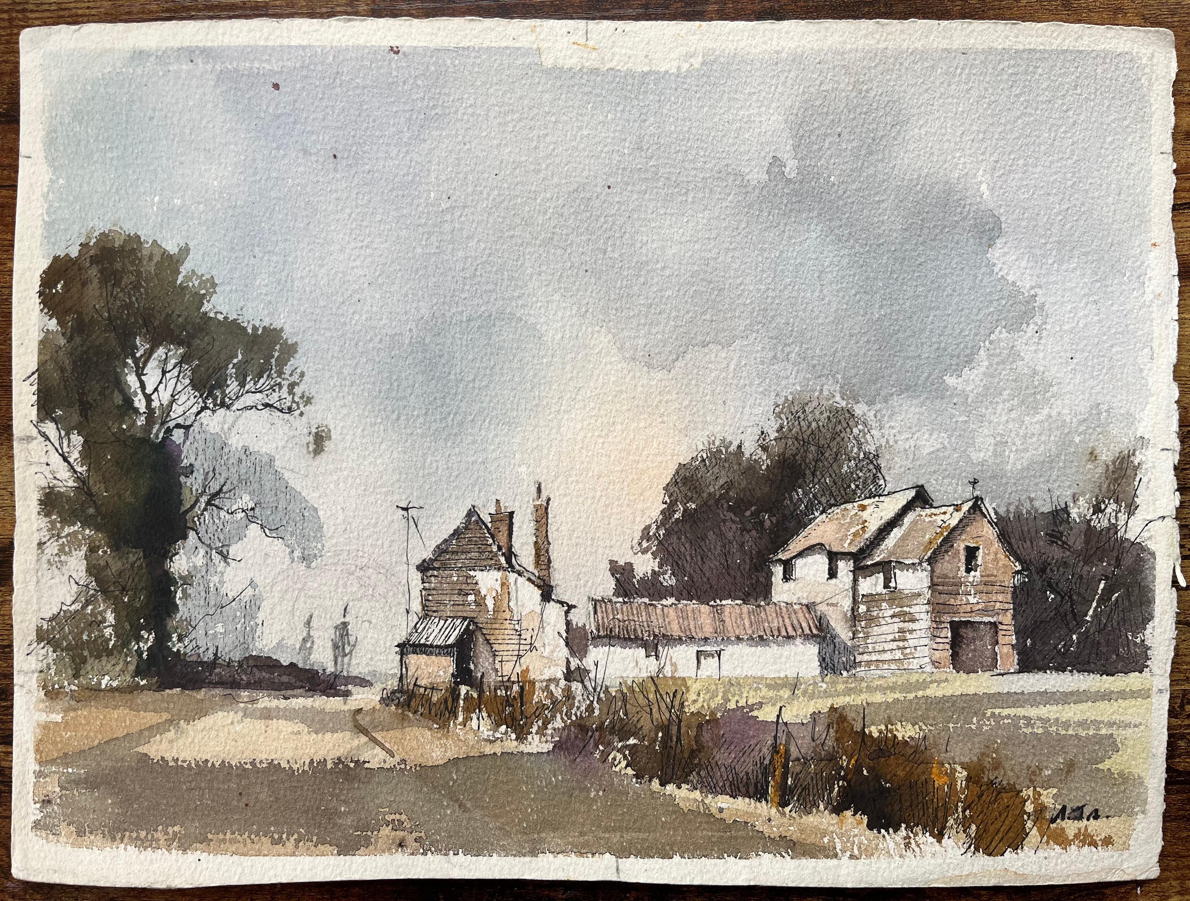 Britischer Impressionist Aquarell von rustikalen Bauernhaus und Nebengebäuden in Land (Impressionismus), Painting, von Anthony Avery