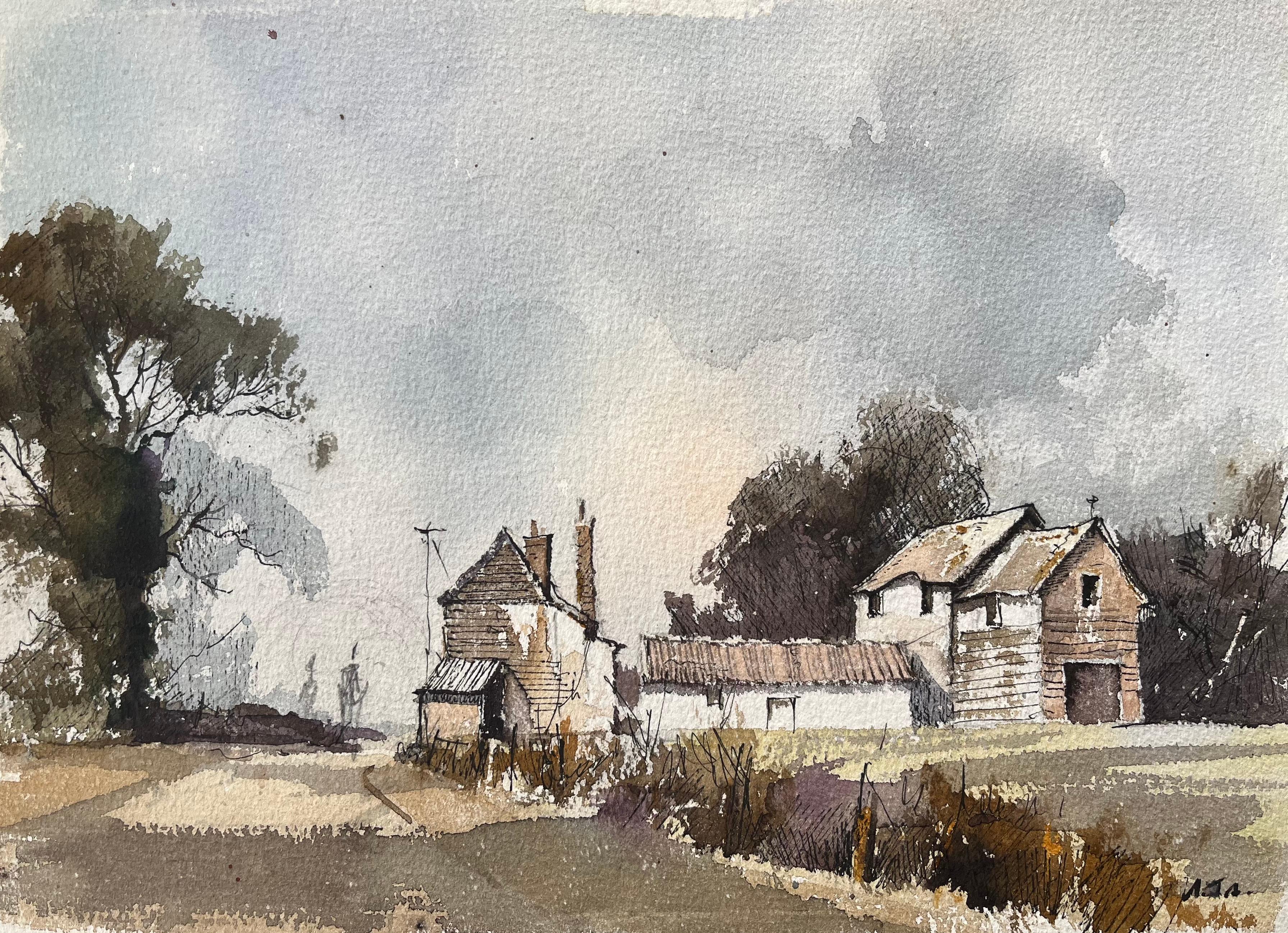 Britischer Impressionist Aquarell von rustikalen Bauernhaus und Nebengebäuden in Land