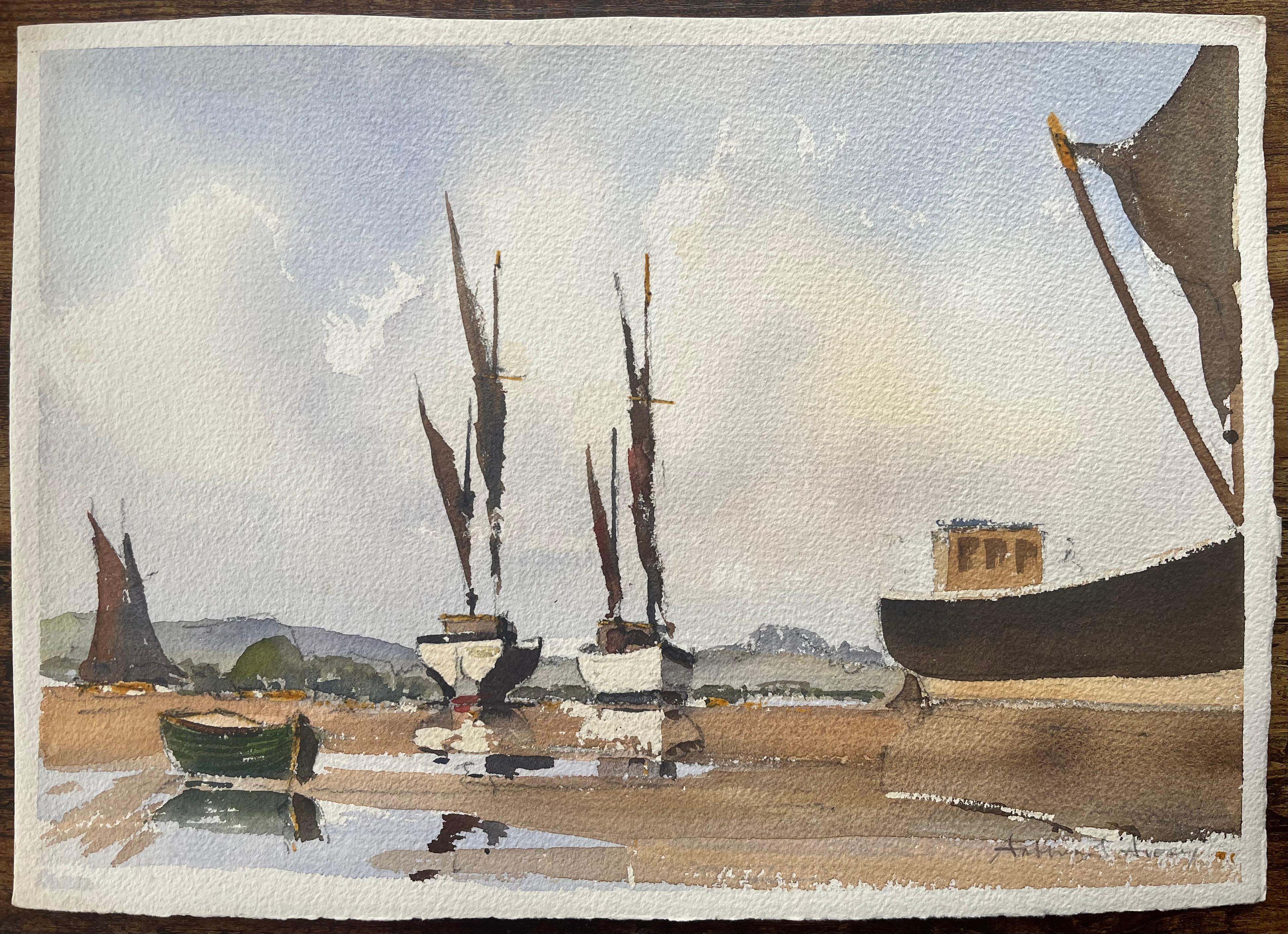 British Impressionist Watercolor of Sailboats at Low Tide - Painting by Anthony Avery