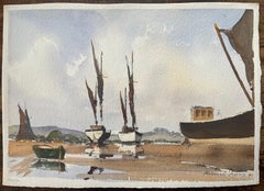 British Impressionist Watercolor of Sailboats at Low Tide