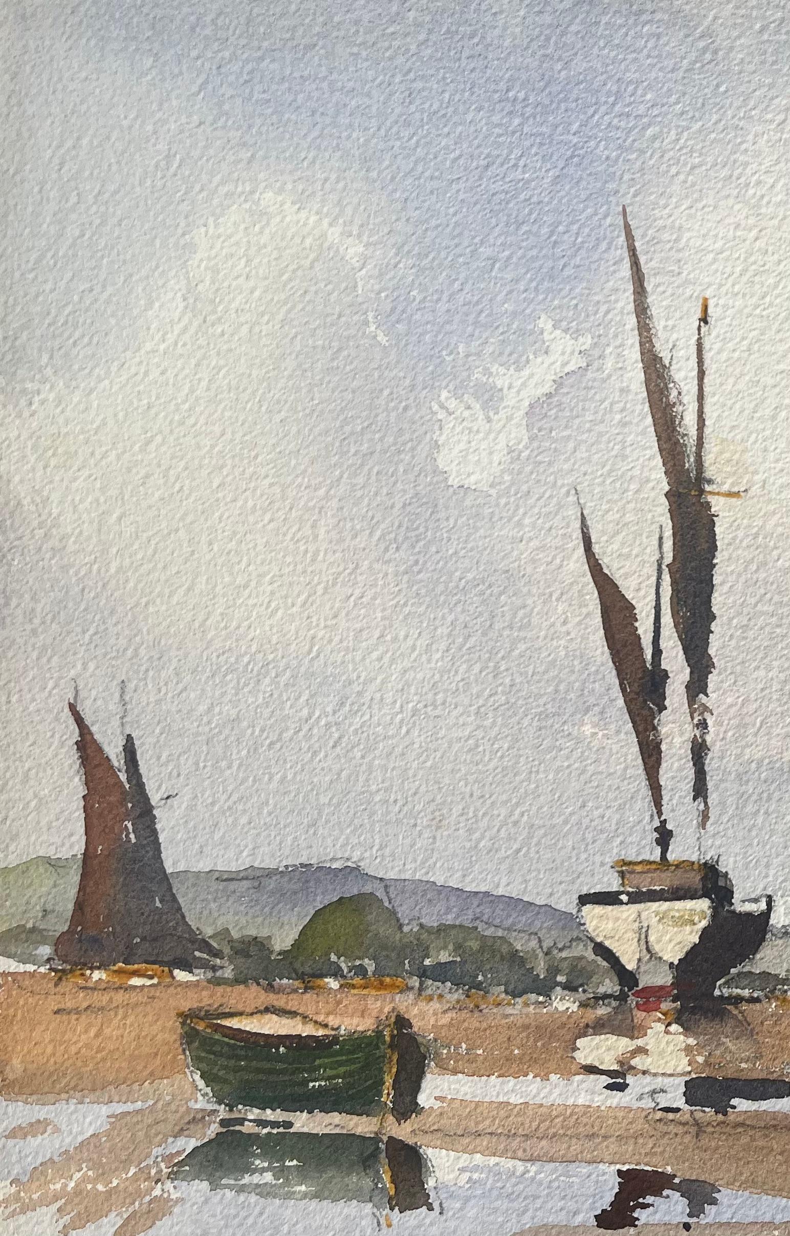 British Impressionist Watercolor of Sailboats at Low Tide - Gray Landscape Painting by Anthony Avery