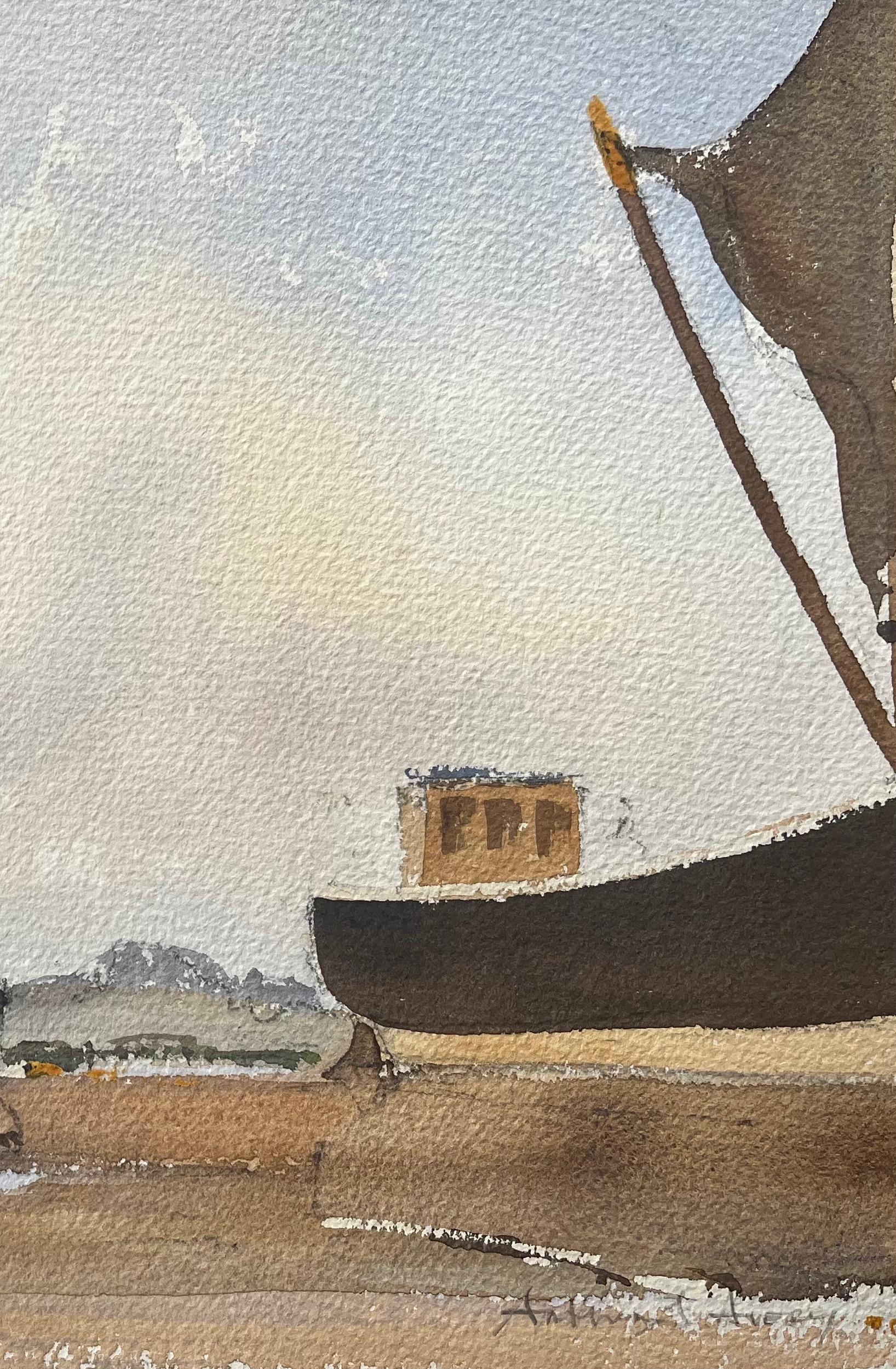 British Impressionist Watercolor of Sailboats at Low Tide For Sale 1