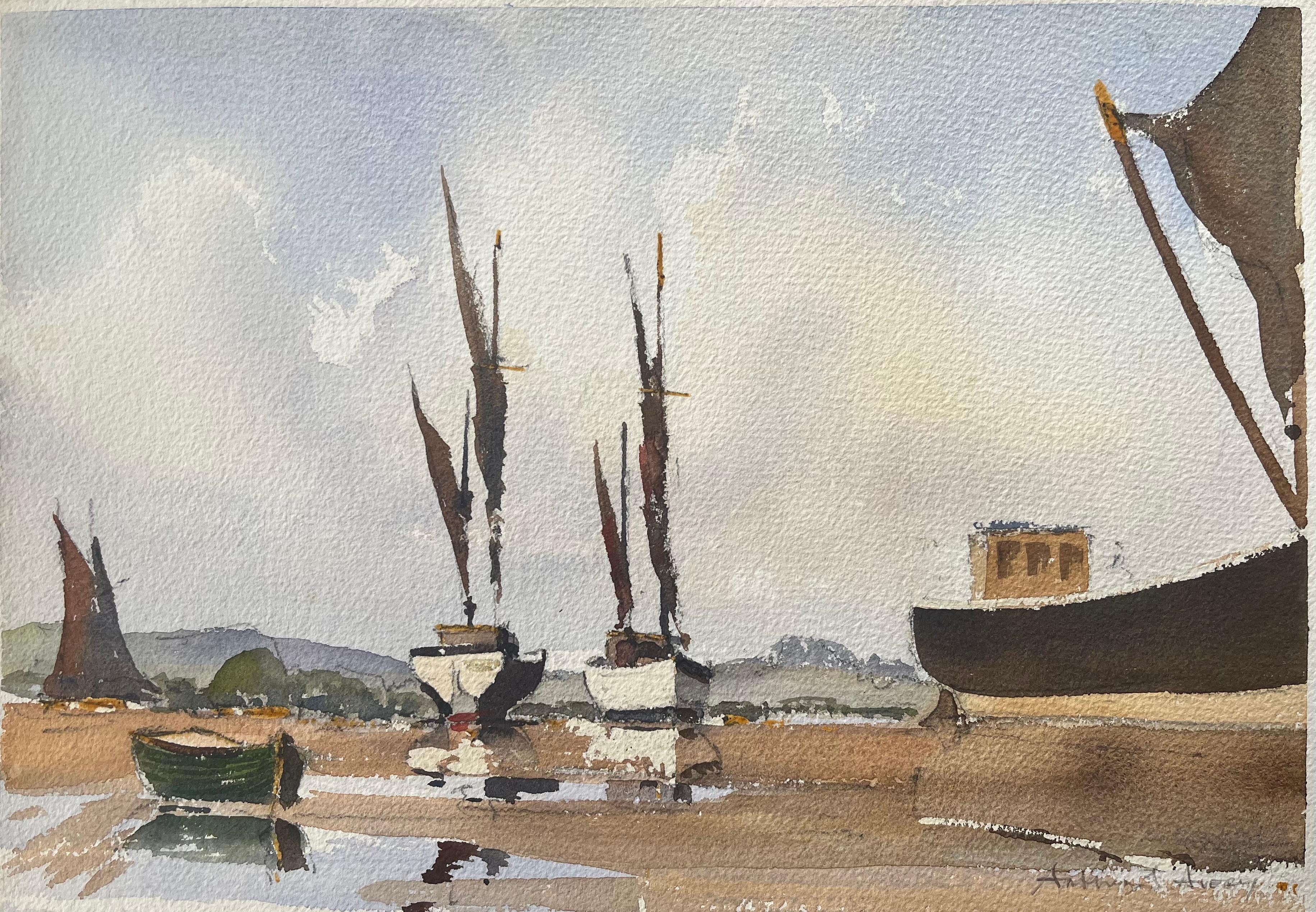 British Impressionist Watercolor of Sailboats at Low Tide