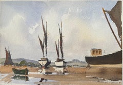 British Impressionist Watercolor of Sailboats at Low Tide