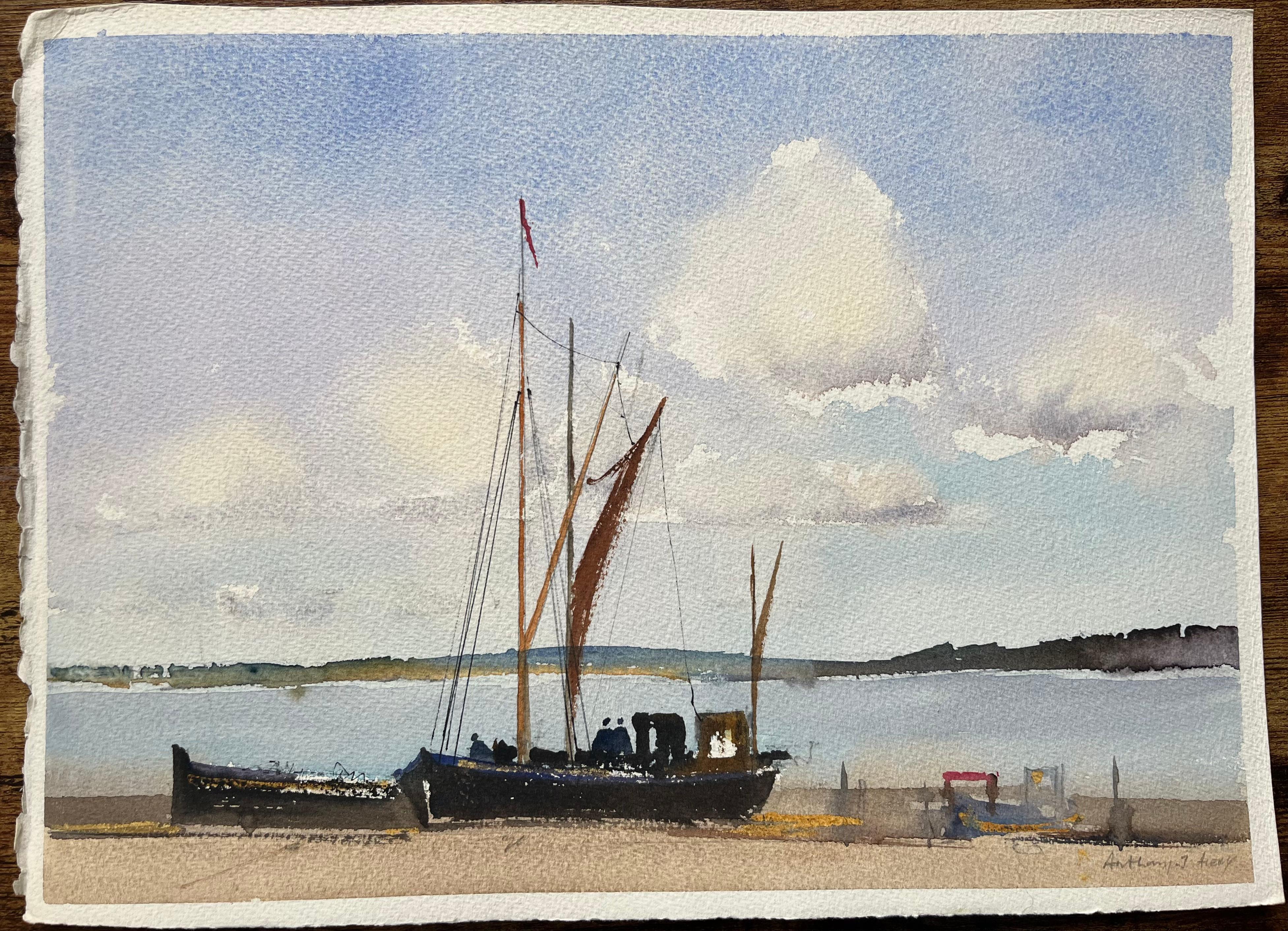 British Impressionist Watercolor of Sailing Barge with Figured and Clouded Sky - Painting by Anthony Avery