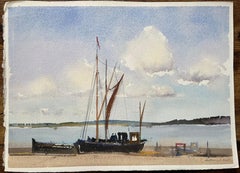 British Impressionist Watercolor of Sailing Barge with Figured and Clouded Sky