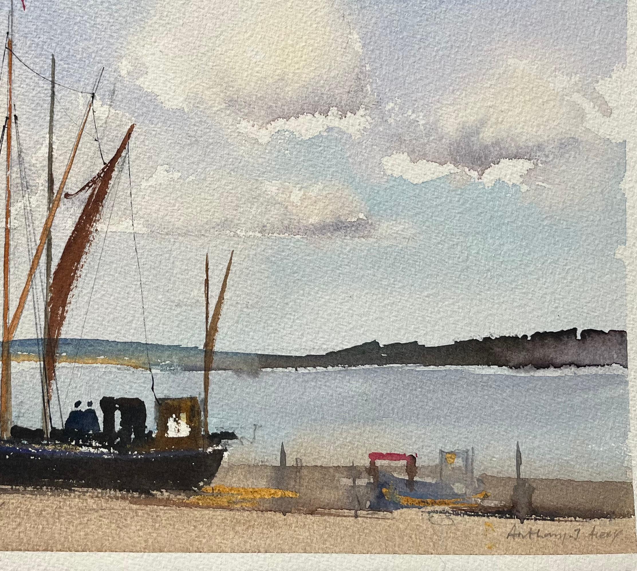 British Impressionist Watercolor of Sailing Barge with Figured and Clouded Sky - Gray Landscape Painting by Anthony Avery