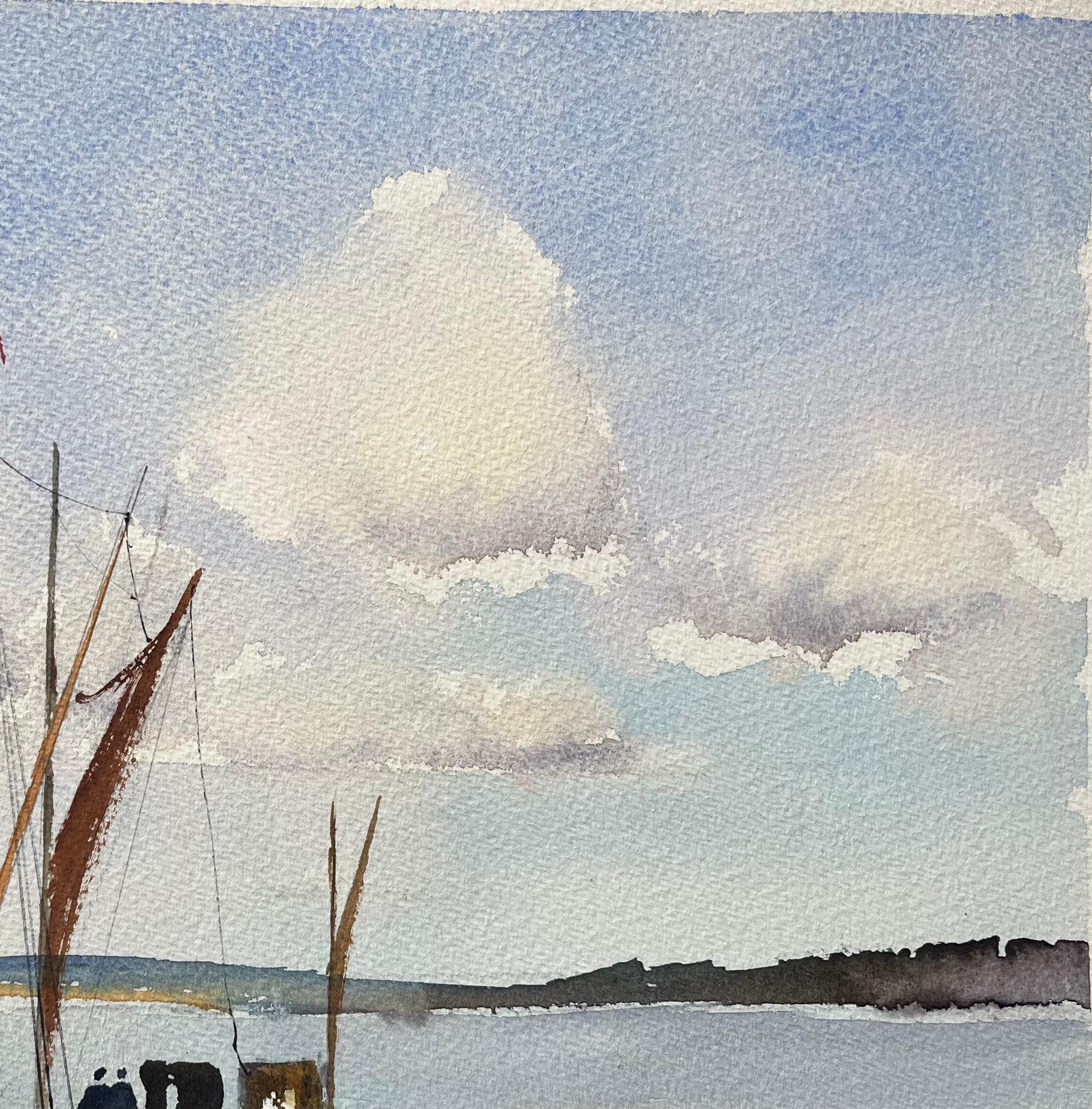 Title: British Impressionist Watercolor of Sailing Barge with Figured and Clouded Sky
By Anthony Avery (British 1946-2023)
Original watercolor on artists paper, unframed
Signed: Yes
Dimensions: 11.25 x 15.5 inches (Height x Width)
Condition: Good,