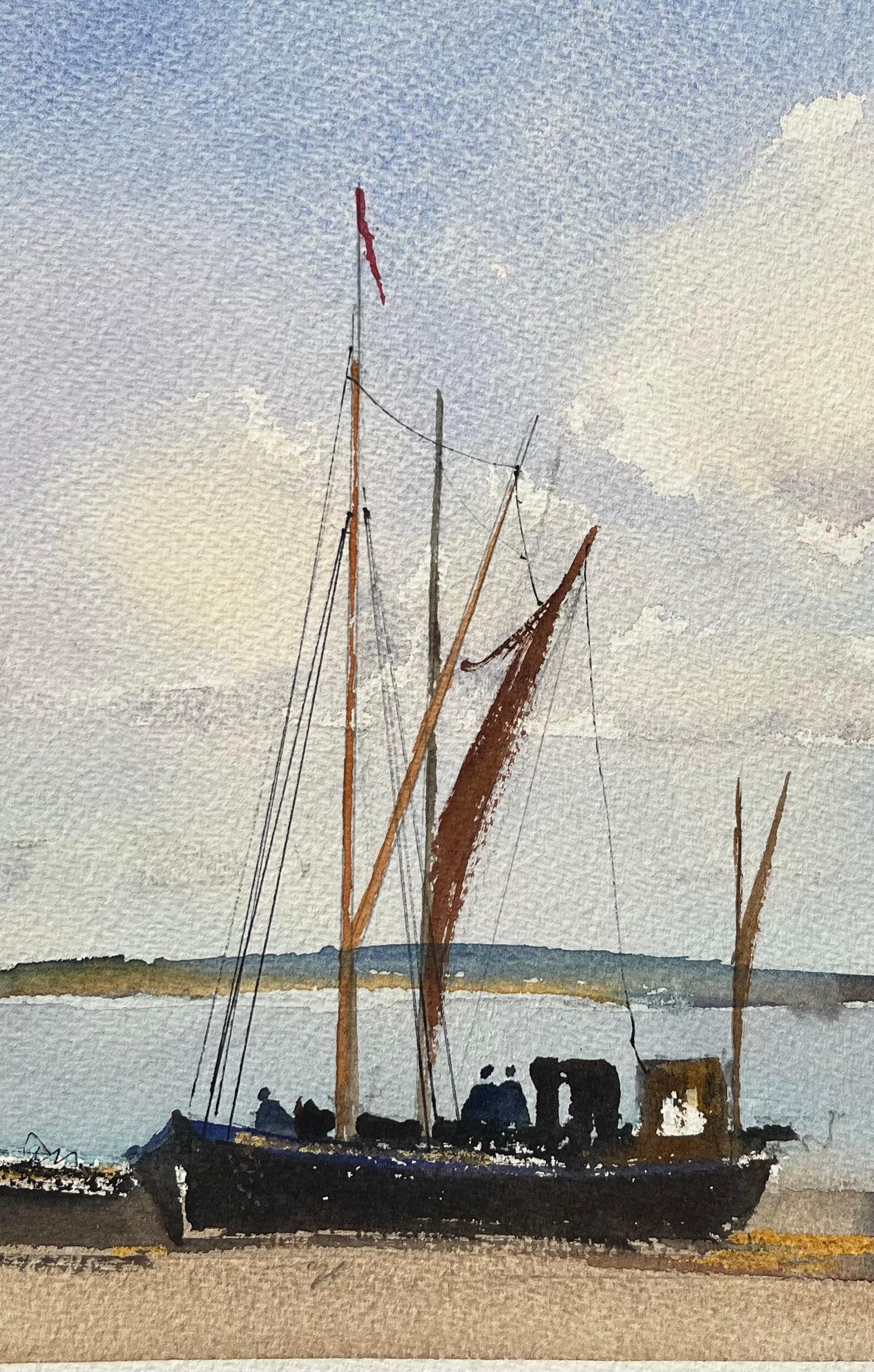 British Impressionist Watercolor of Sailing Barge with Figured and Clouded Sky For Sale 1