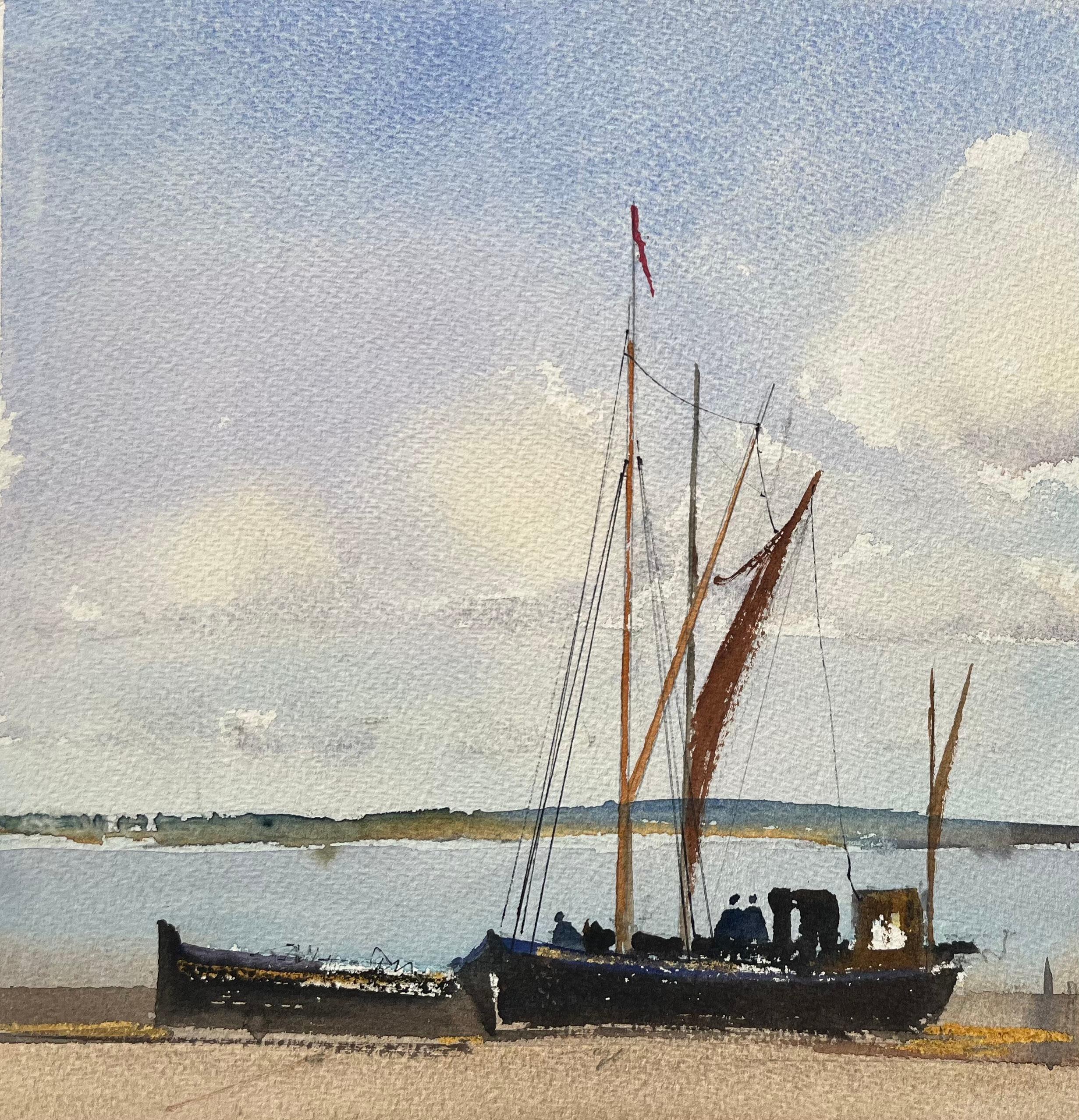 British Impressionist Watercolor of Sailing Barge with Figured and Clouded Sky For Sale 2