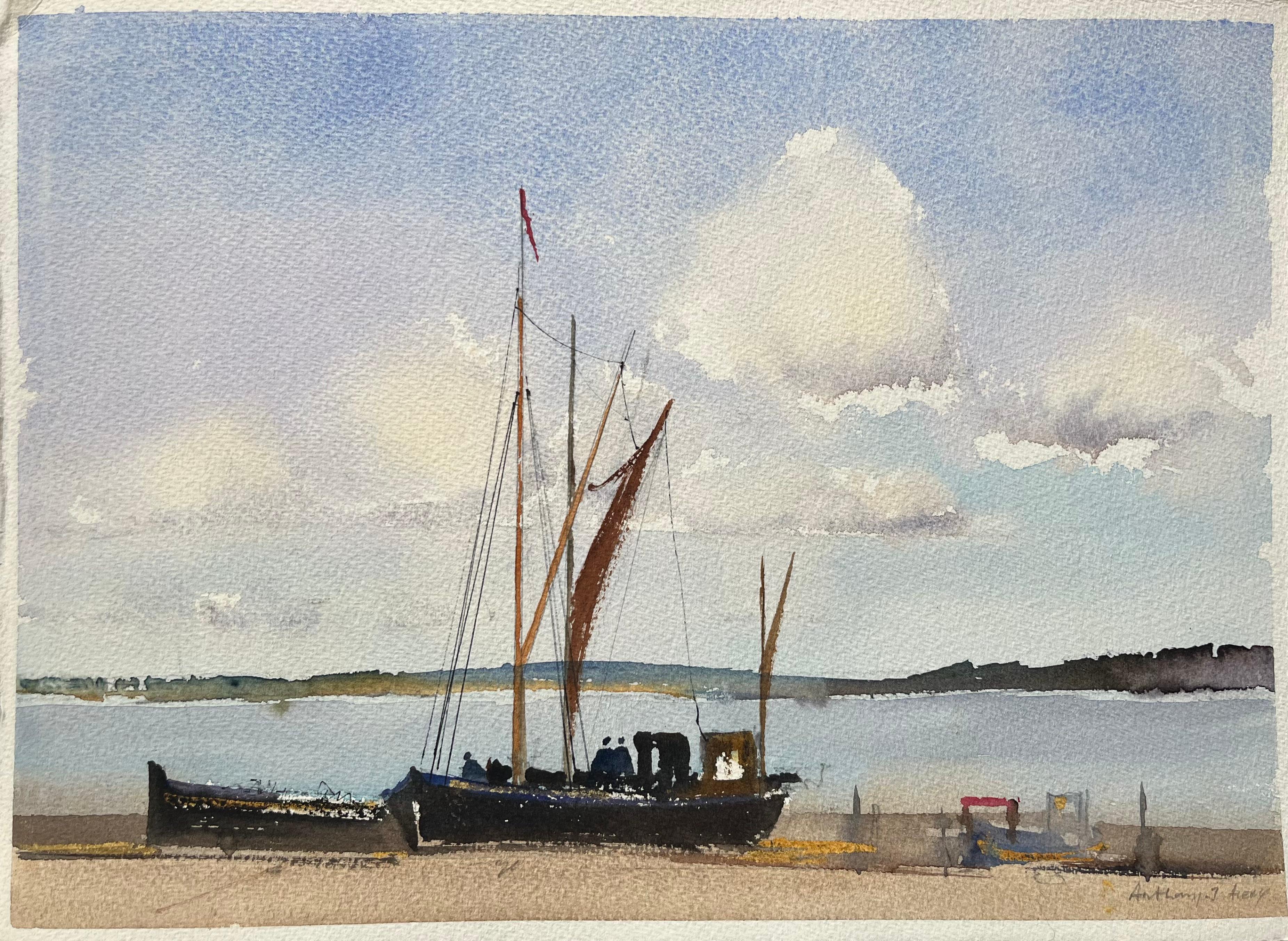 Anthony Avery Landscape Painting - British Impressionist Watercolor of Sailing Barge with Figured and Clouded Sky