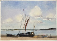 British Impressionist Watercolor of Sailing Barge with Figured and Clouded Sky