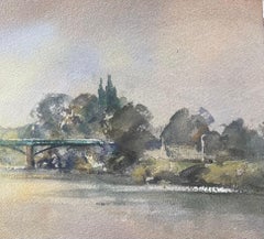 British Impressionist Watercolor of Scenic Riverside Bridge