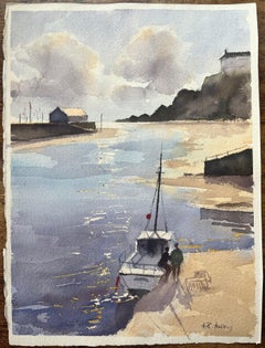 British Impressionist Watercolor of Seaside Dock with Boat and Figures