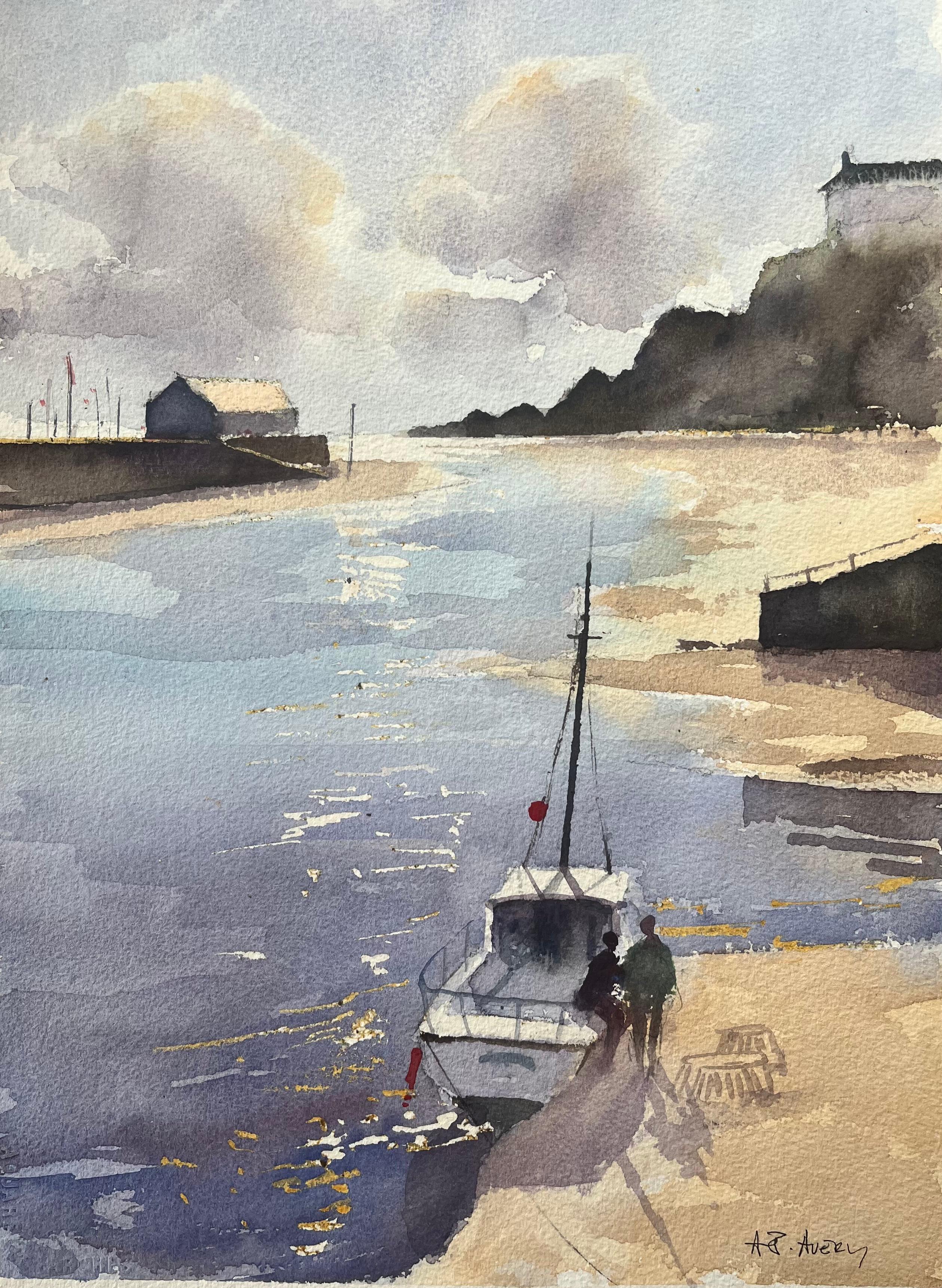 Landscape Painting de Anthony Avery - Acuarela impresionista británica de muelle junto al mar con barco y figuras