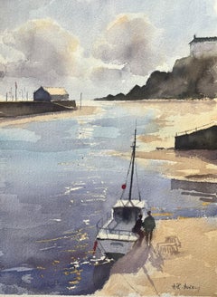Aquarelle impressionniste britannique d'un chantier naval en bord de mer avec bateau et personnages