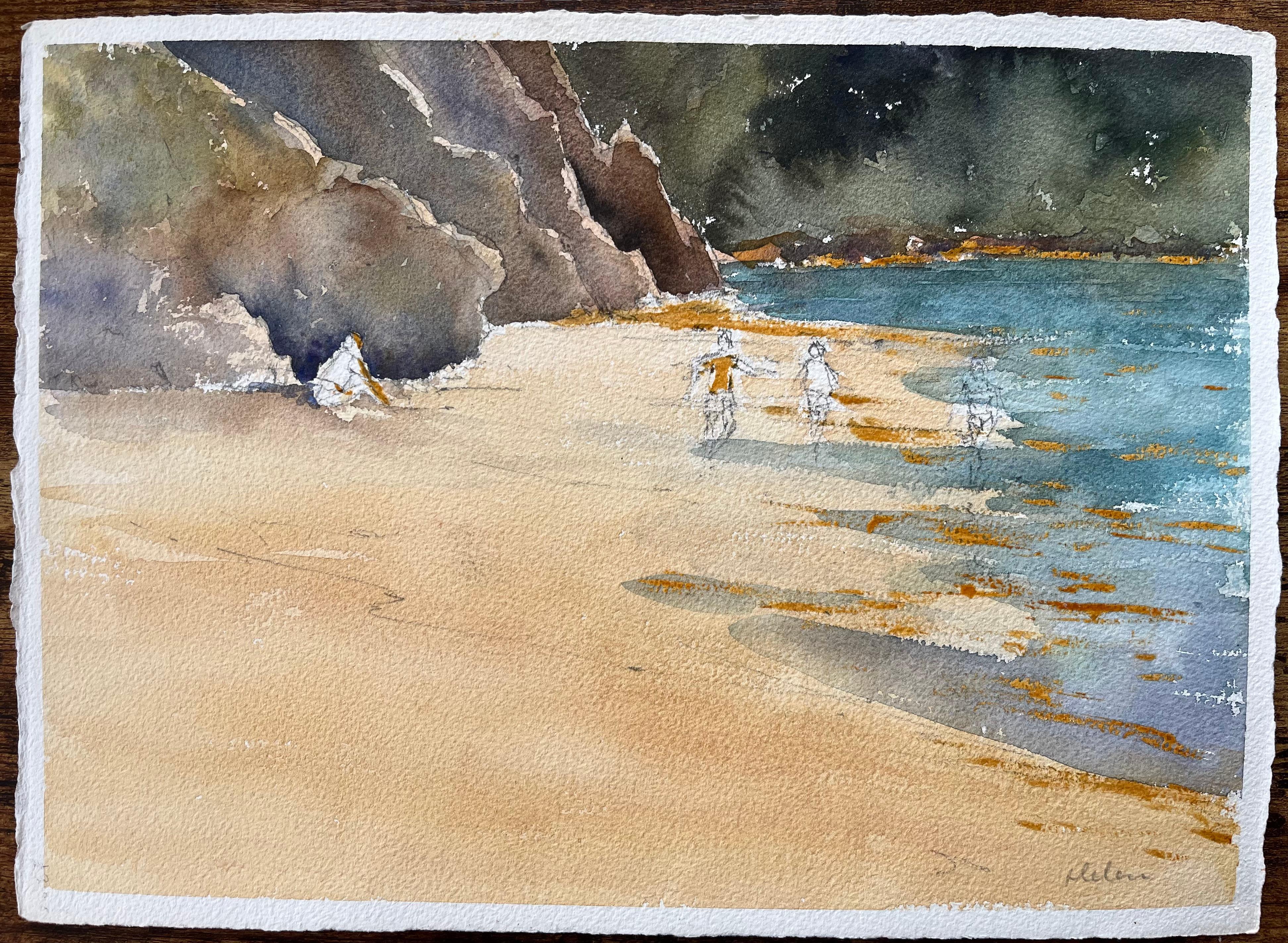 Acuarela impresionista británica de playa aislada con figuras en la orilla - Painting de Anthony Avery