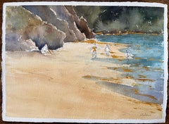 British Impressionist Watercolor of Secluded Beach with Figures by the Shore