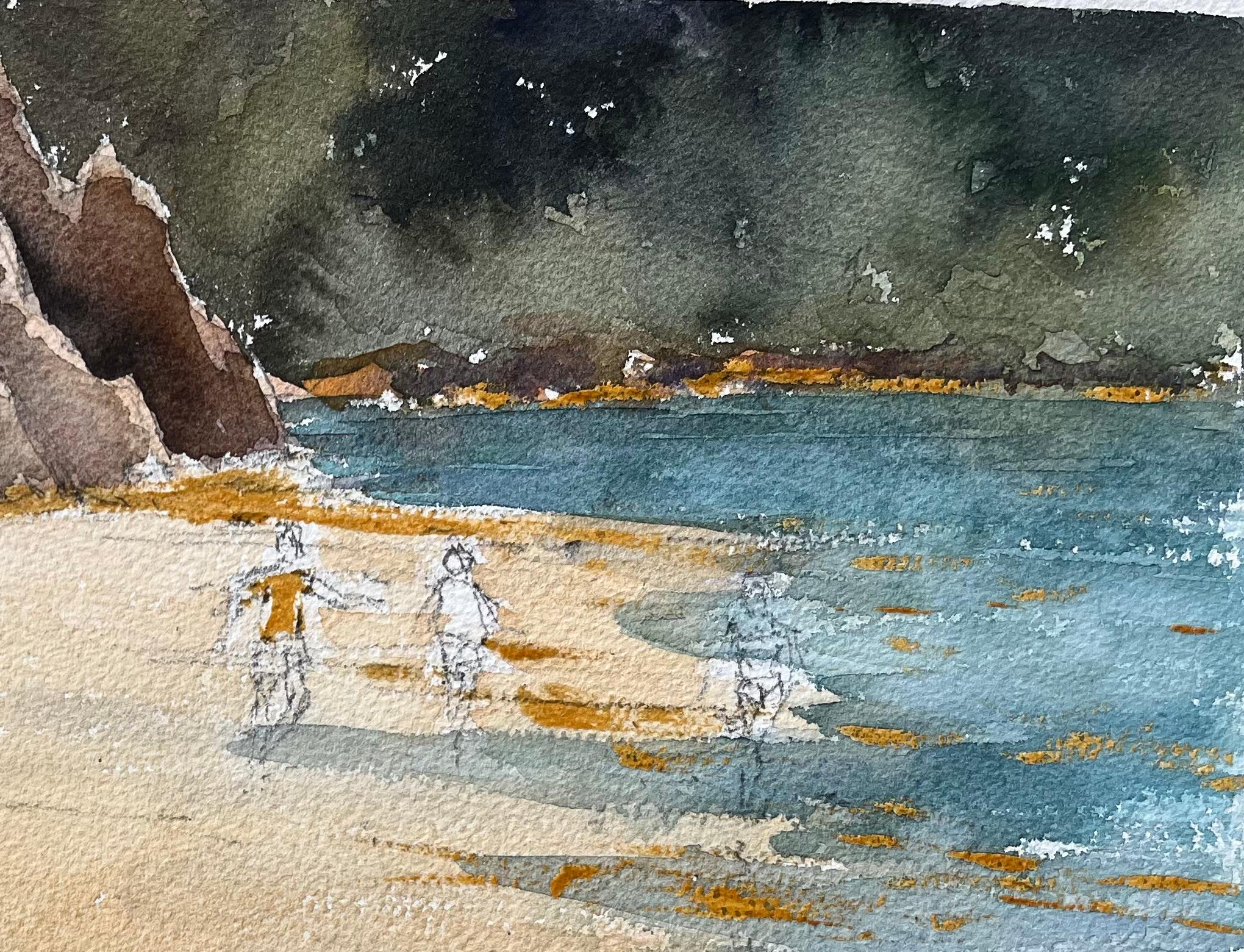 Acuarela impresionista británica de playa aislada con figuras en la orilla - Painting Impresionista de Anthony Avery
