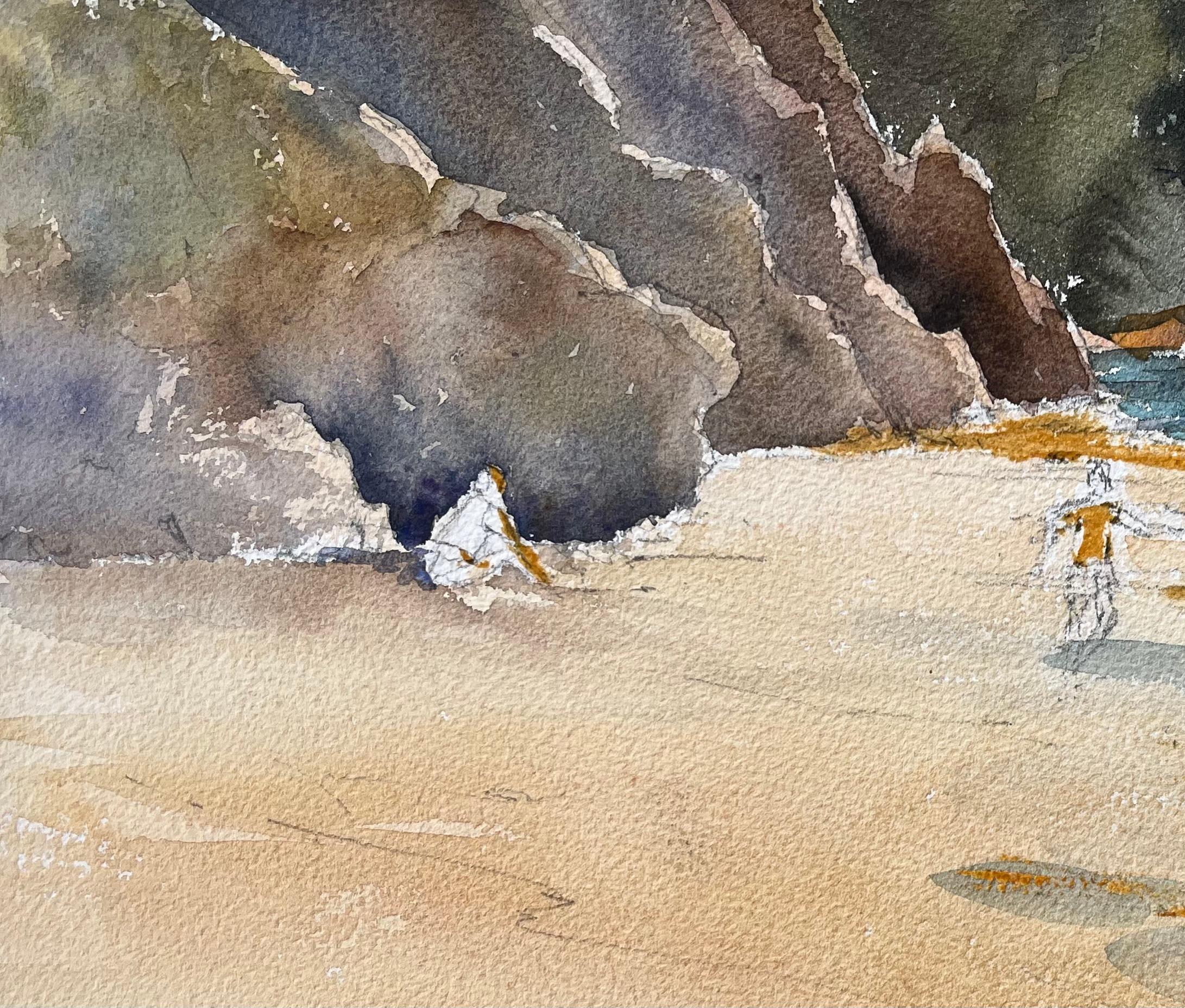 Acuarela impresionista británica de playa aislada con figuras en la orilla - Landscape Painting Marrón de Anthony Avery
