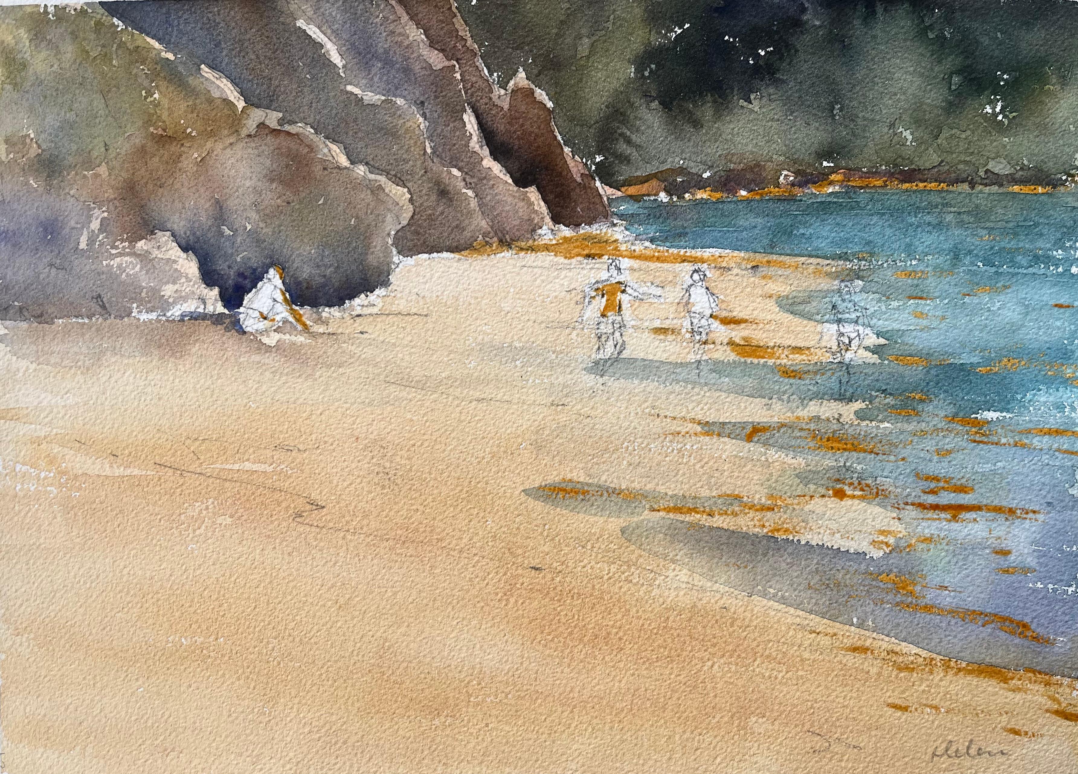 Landscape Painting de Anthony Avery - Acuarela impresionista británica de playa aislada con figuras en la orilla