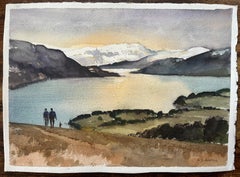 British Impressionist Watercolor of Serene Lake with Mountains and Sunset