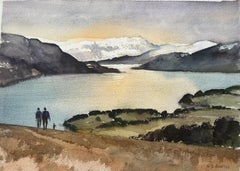 British Impressionist Watercolor of Serene Lake with Mountains and Sunset