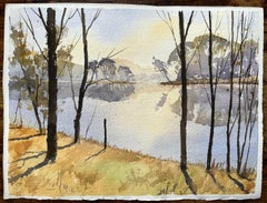 British Impressionist Watercolor of Serene Lakeside Scene Bathed in Soft Light