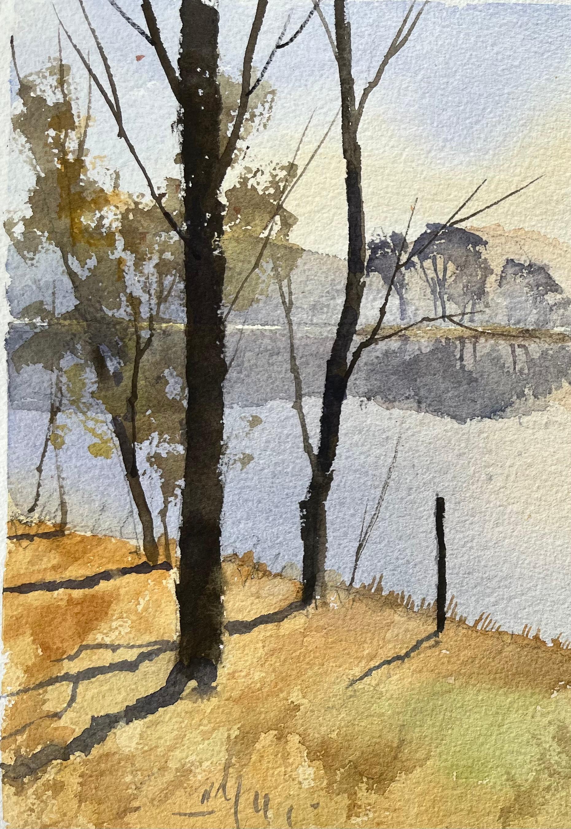 Titel: Britischer Impressionist Aquarell von ruhigen Seeufer Szene in weichem Licht gebadet
von Anthony Avery (Brite 1946-2023)
Original-Aquarell auf Künstlerpapier, ungerahmt
Abmessungen: 11,25 x 15,25 Zoll (Höhe x Breite)
Zustand: Gut, mit
