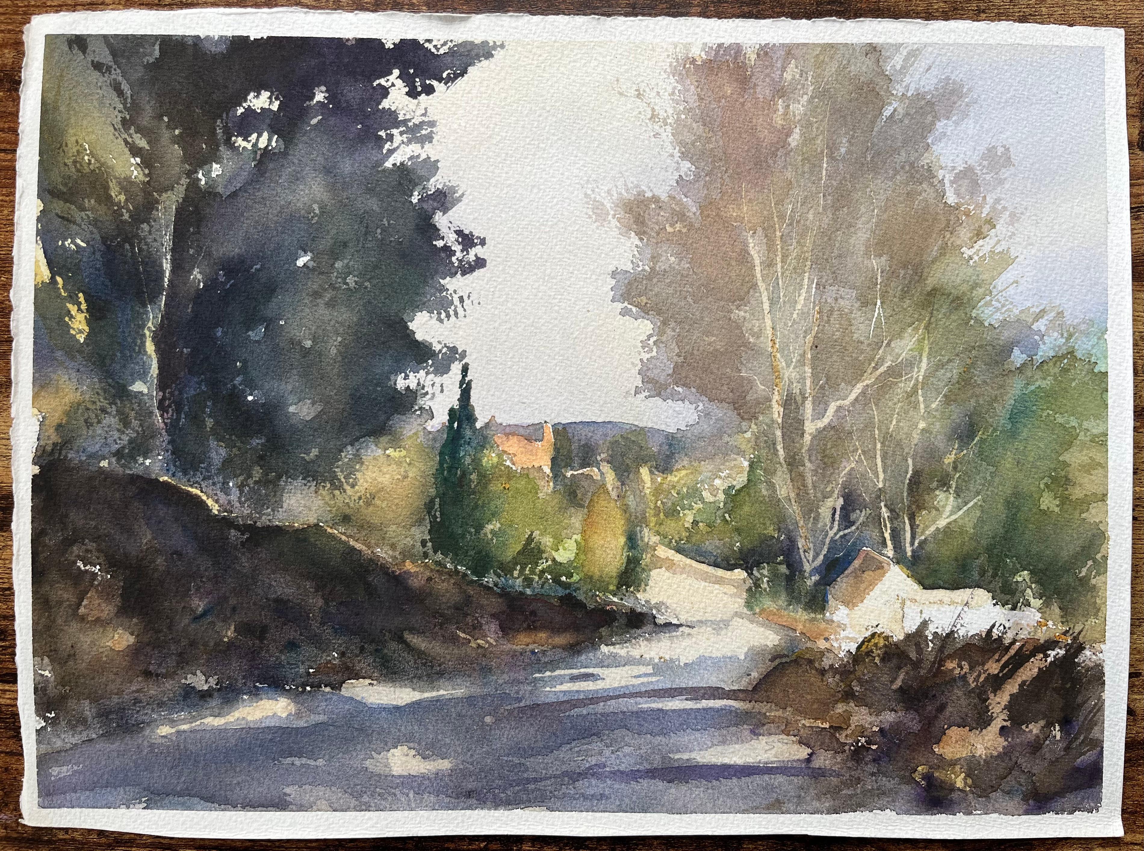 British Impressionist Watercolor of Shaded Woodland Path with Sunlit Openings - Painting by Anthony Avery
