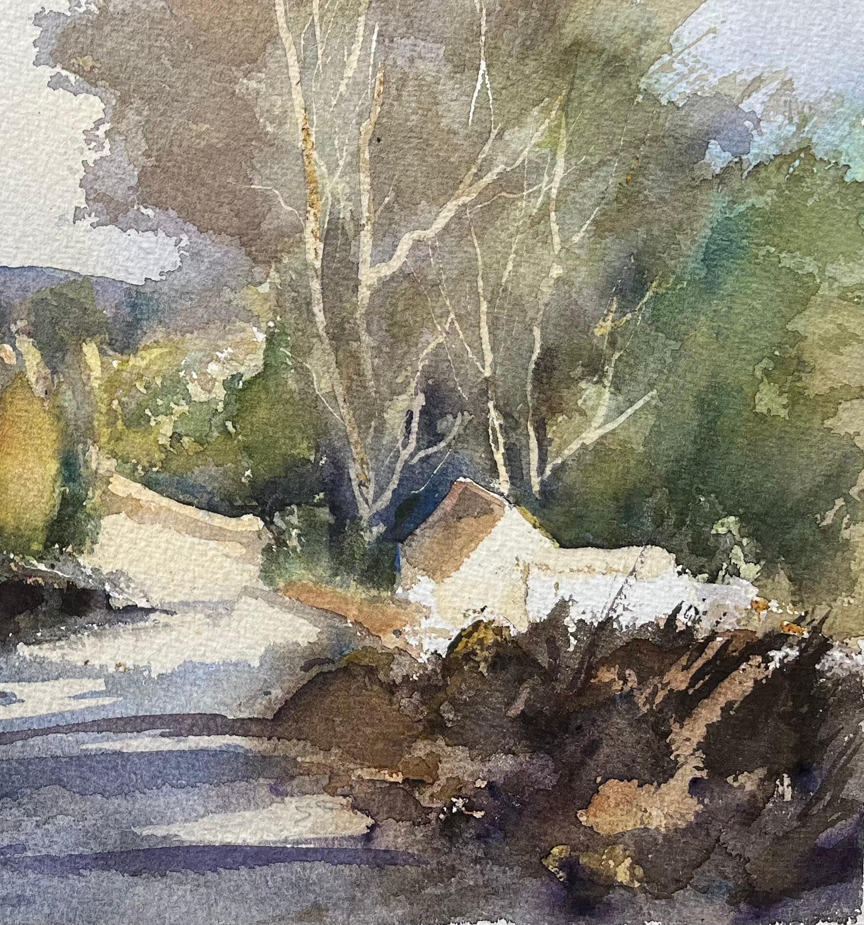 British Impressionist Watercolor of Shaded Woodland Path with Sunlit Openings - Gray Landscape Painting by Anthony Avery