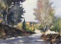Britischer Impressionist Aquarell von schattigen Waldweg mit Sunlit Öffnungen
