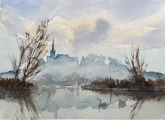 British Impressionist Watercolor of Silhouette of the Cathedral by the River