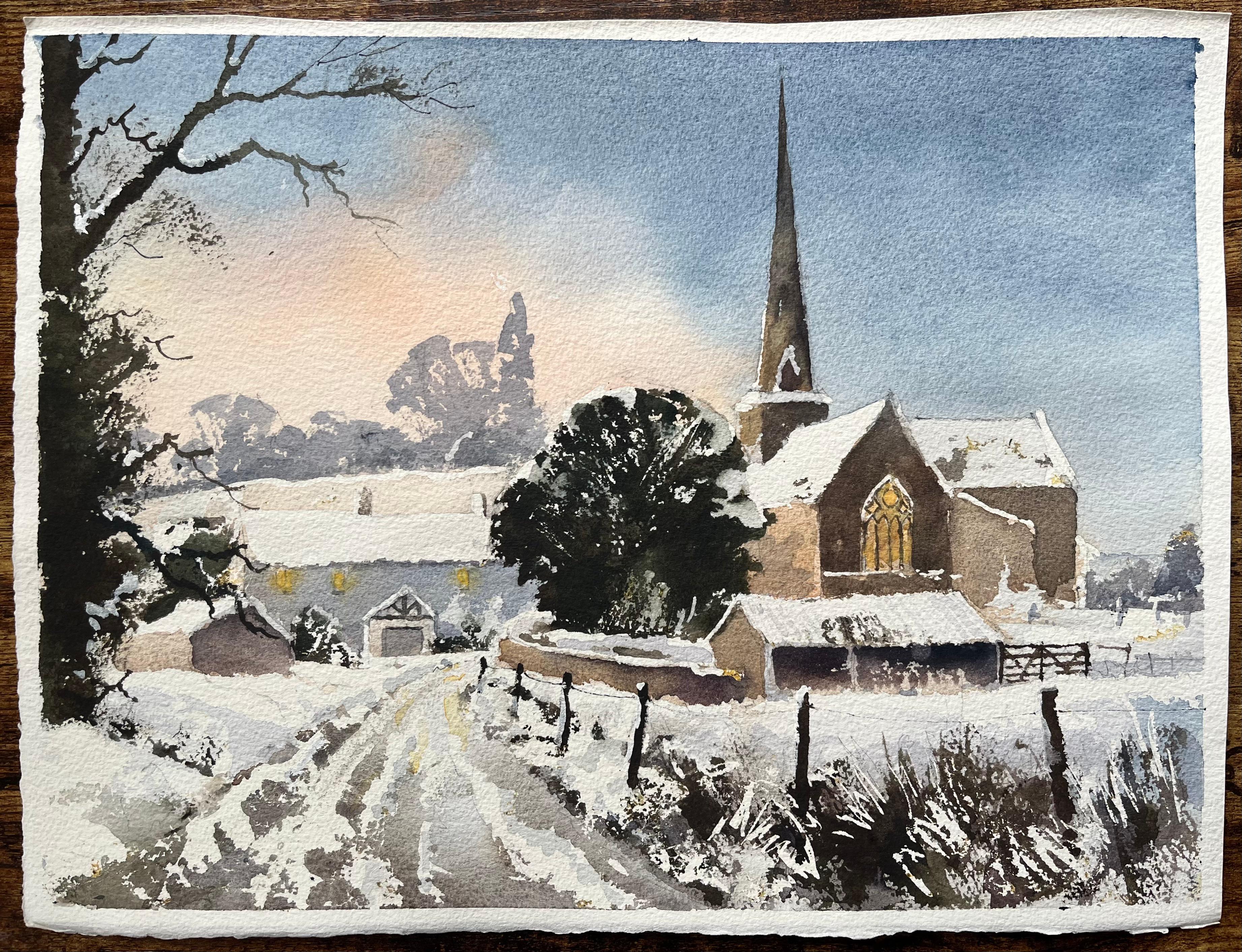 British Impressionist Watercolor of Snow-Covered Church at Sunset - Painting by Anthony Avery
