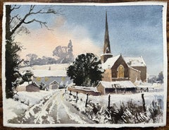 British Impressionist Watercolor of Snow-Covered Church at Sunset