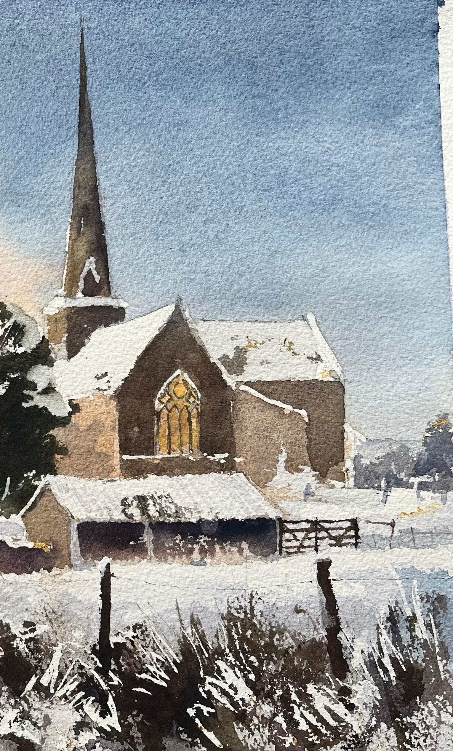 British Impressionist Watercolor of Snow-Covered Church at Sunset - Gray Landscape Painting by Anthony Avery